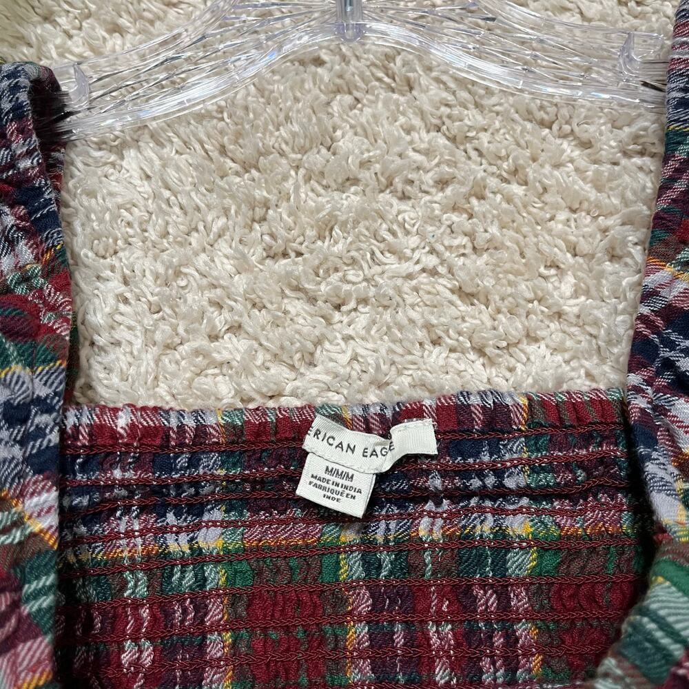 American Eagle Medium Plaid Smock Puff Sleeve Ruffle Square Neckline Top - Picture 4 of 6